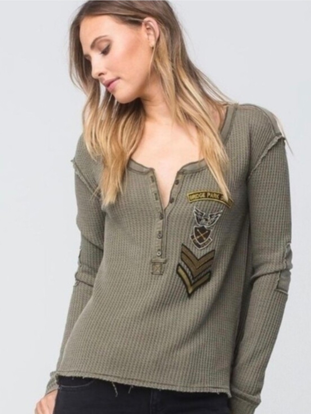 We The Free People Bridget Waffle Knit Thermal Henley W/patches